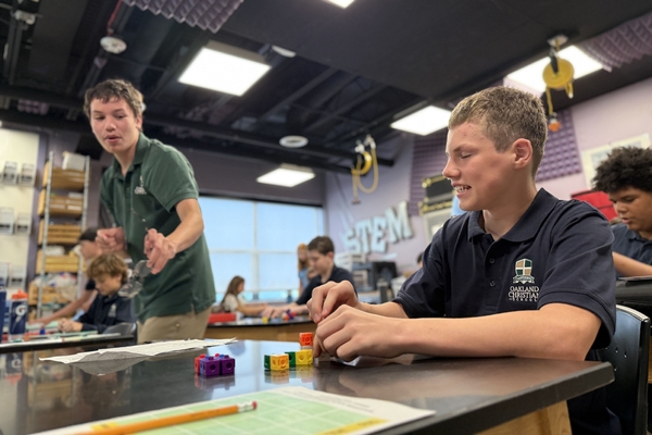 Two Oakland Christian students work hard in the STEM room.