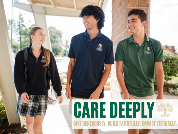 Three Oakland Christian students walk outside smiling with the Annual Fund theme of "Care Deeply" overlaid.