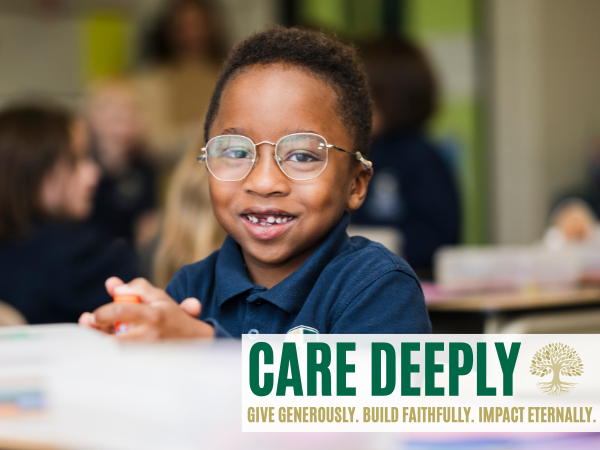 An Oakland Christian student smiling in the classroom with the Annual Fund theme of "Care Deeply" overlaid.