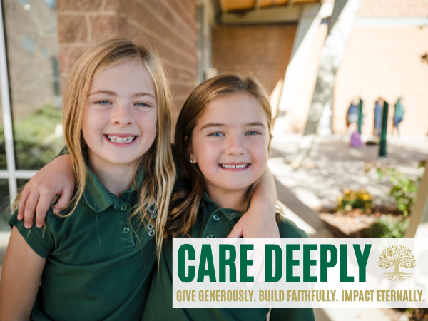 Oakland Christian students outside of the school with their arms around each other smiling and the Annual Fund theme of "Care Deeply" overlaid.
